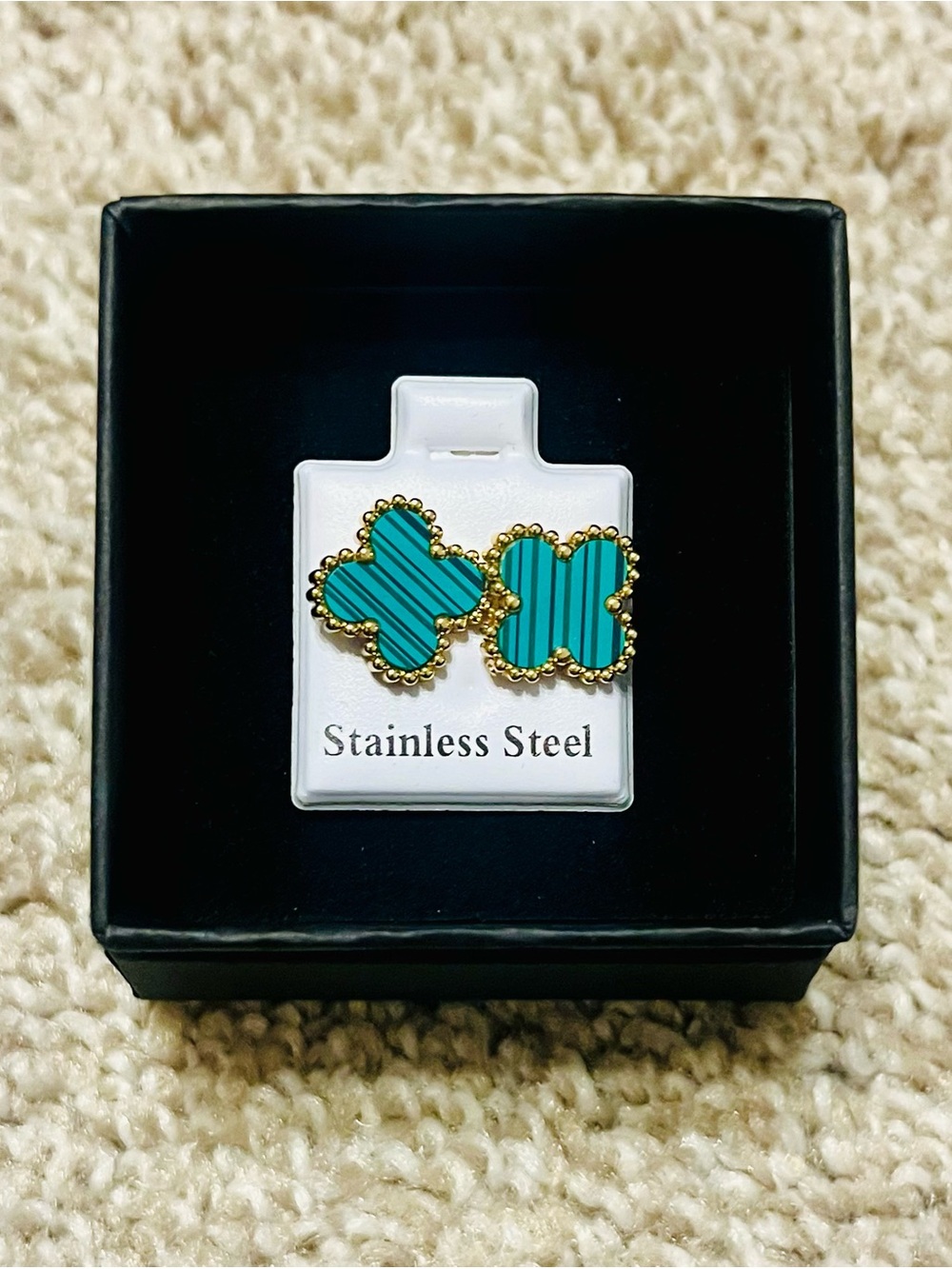 Gold-Trim Green Clover Stainless Steel Stud Earrings - Women Jewelry
